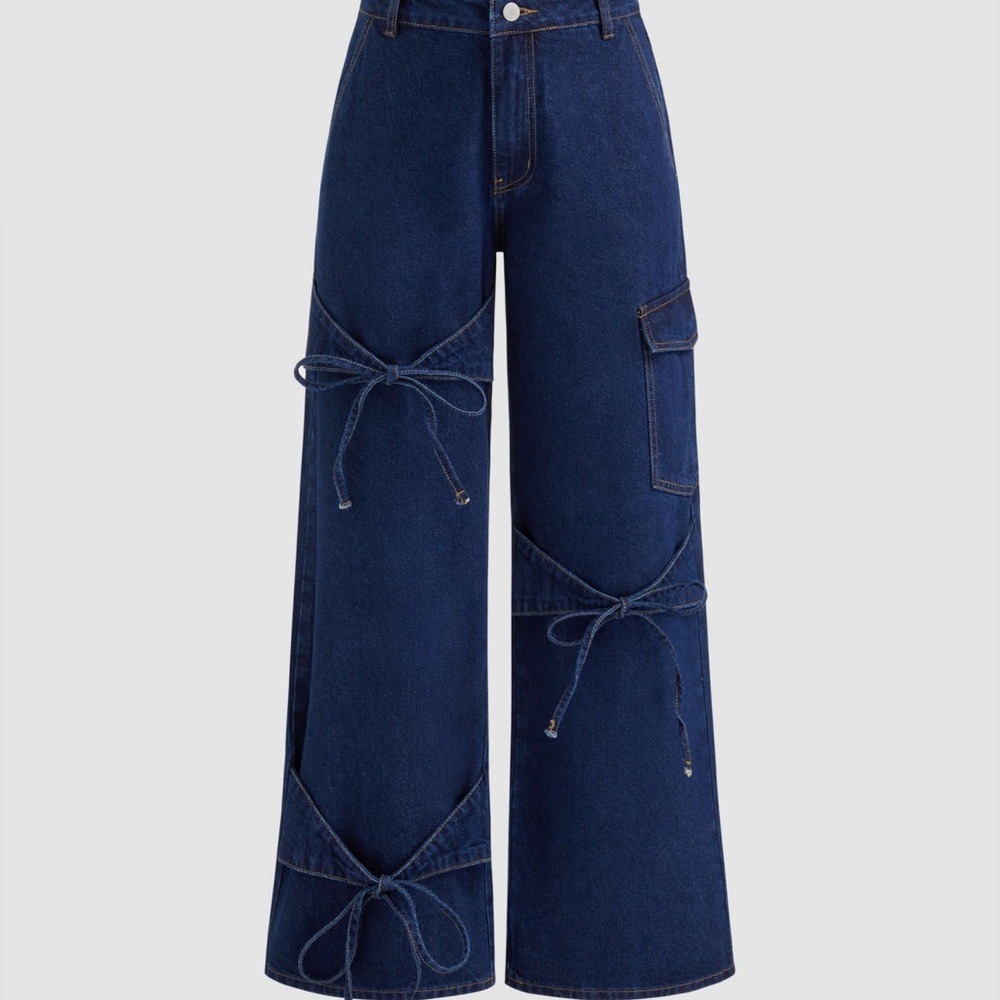 Cider Women's Dark Blue Flare Jeans with Bow Details